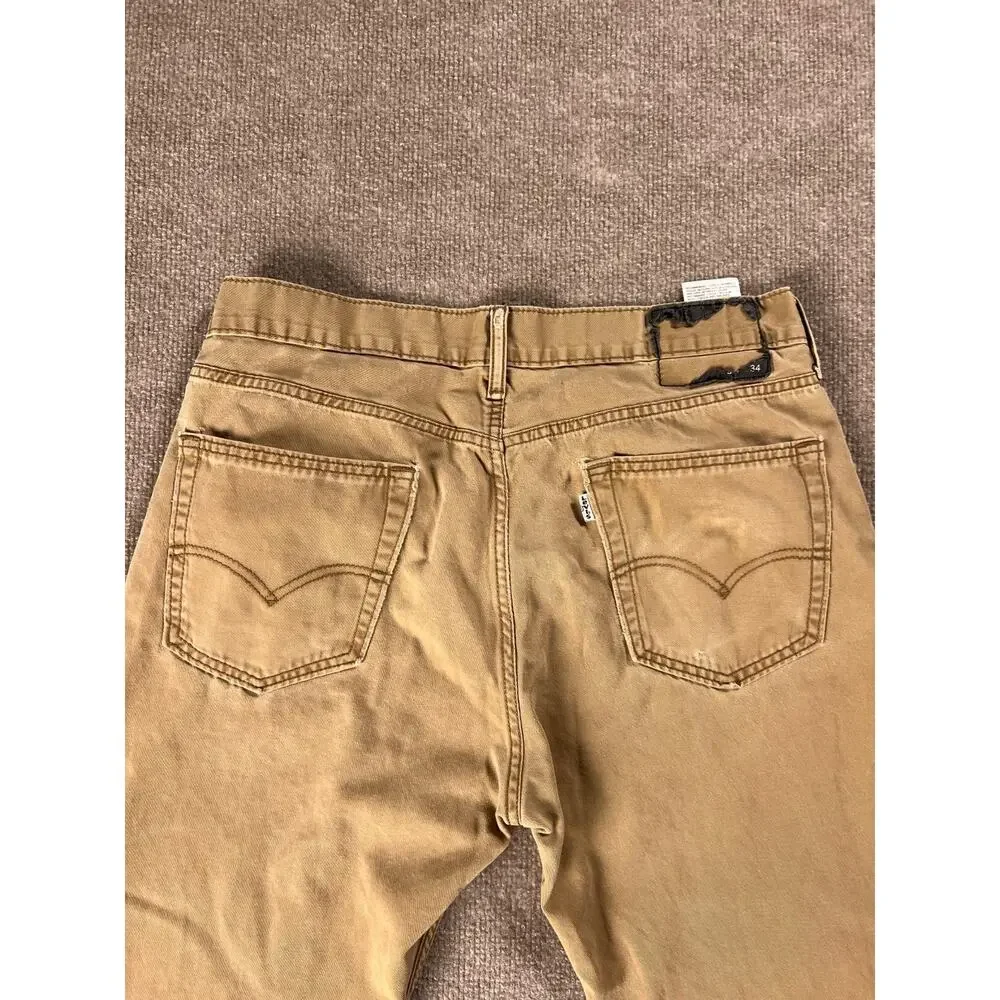 Levis Jeans Mens 34x32 Tan Khaki Straight Leg Distressed Cotton Denim
